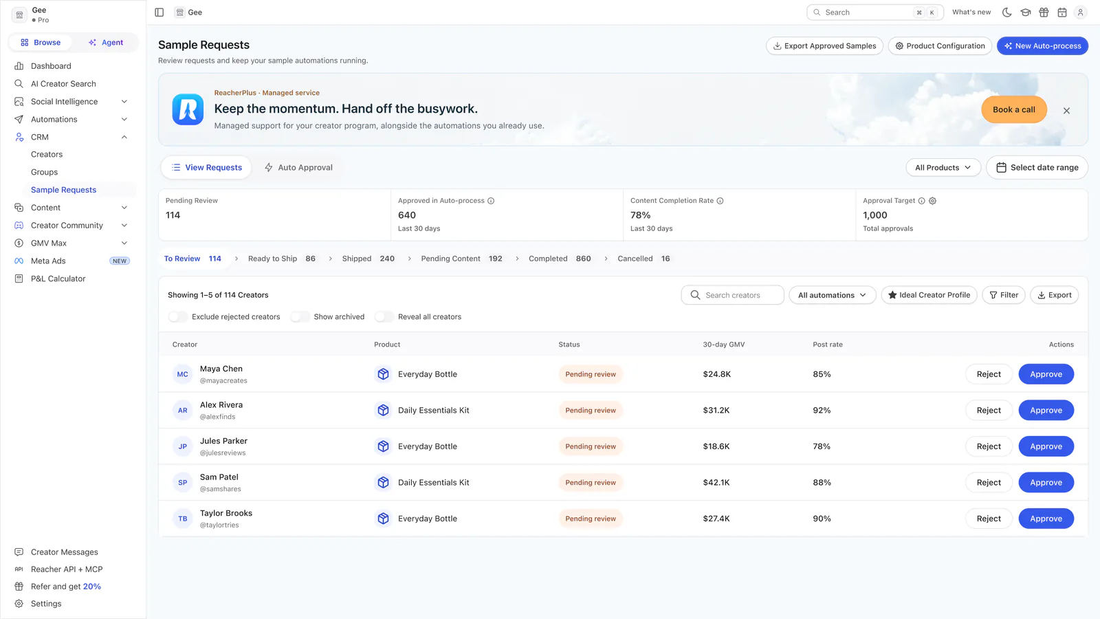 Reacher’s Sample Requests page with stats, status tabs and a table of requests, under a ReacherPlus banner reading Keep the momentum. Hand off the busywork.