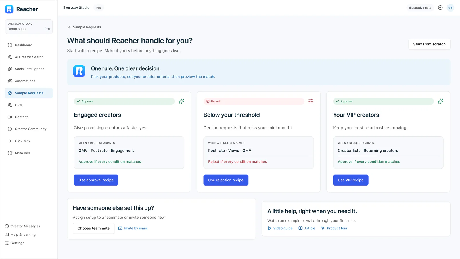 A screen titled What should Reacher handle for you, with three recipe cards: Engaged creators, Below your threshold and Your VIP creators.