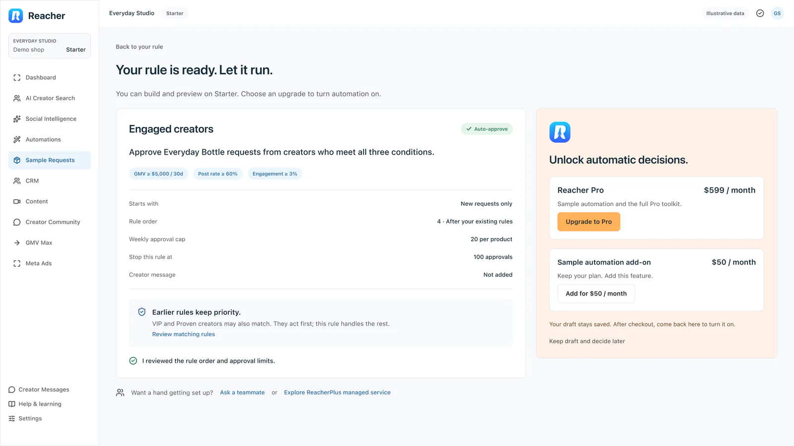 A review step headed Your rule is ready. Let it run, with the Engaged creators rule beside an upgrade panel offering Reacher Pro and a sample automation add-on.