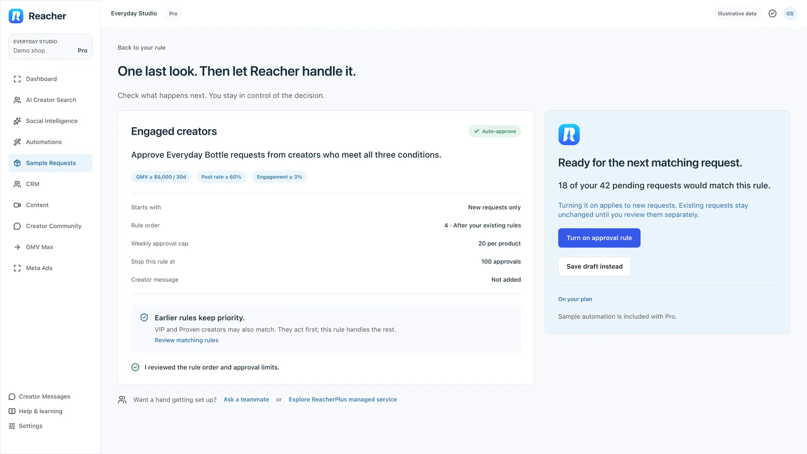 A review step headed One last look, with the Engaged creators rule summary and a panel with a Turn on approval rule button.