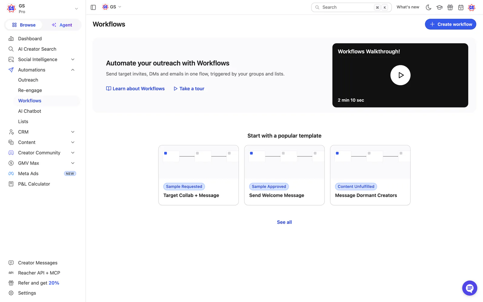The Workflows landing page with a walkthrough video and three popular templates.