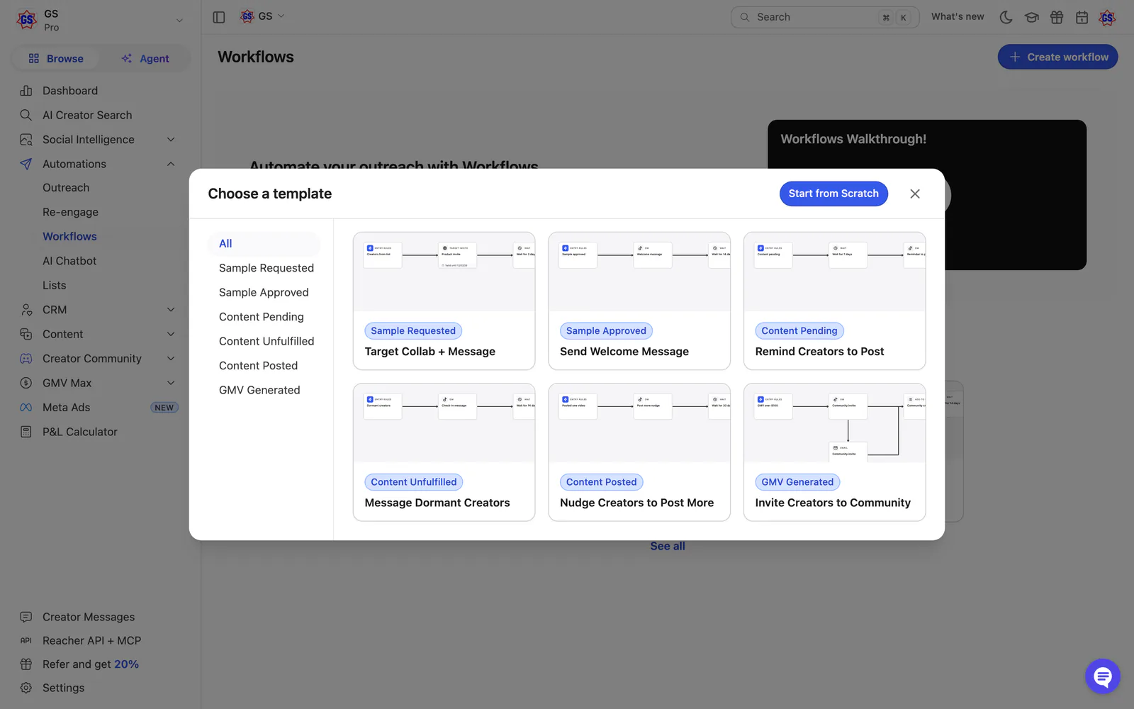 A Choose a template dialog with a filter list on the left and six workflow templates on the right.