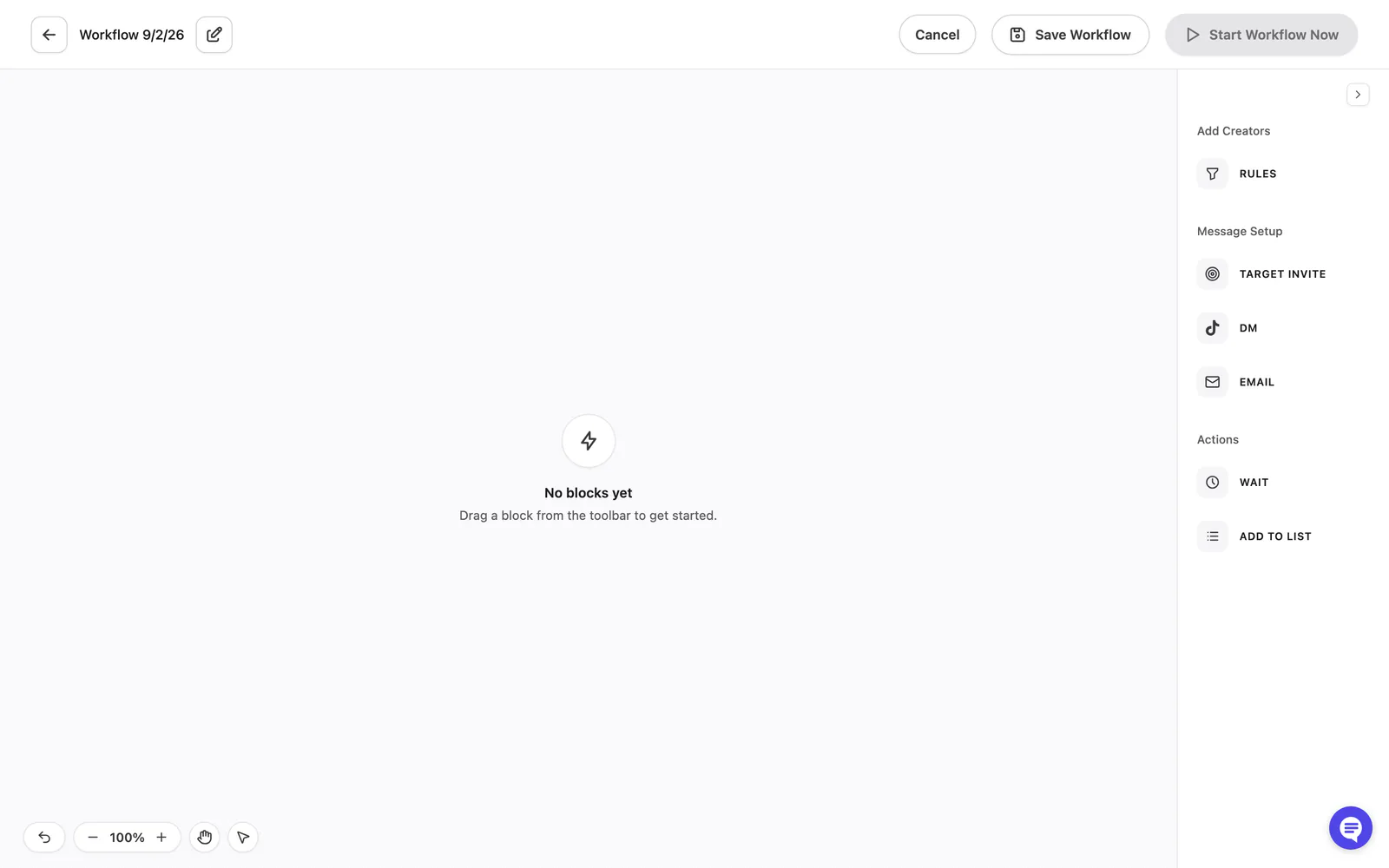 An empty workflow canvas reading No blocks yet, with a palette of blocks on the right.