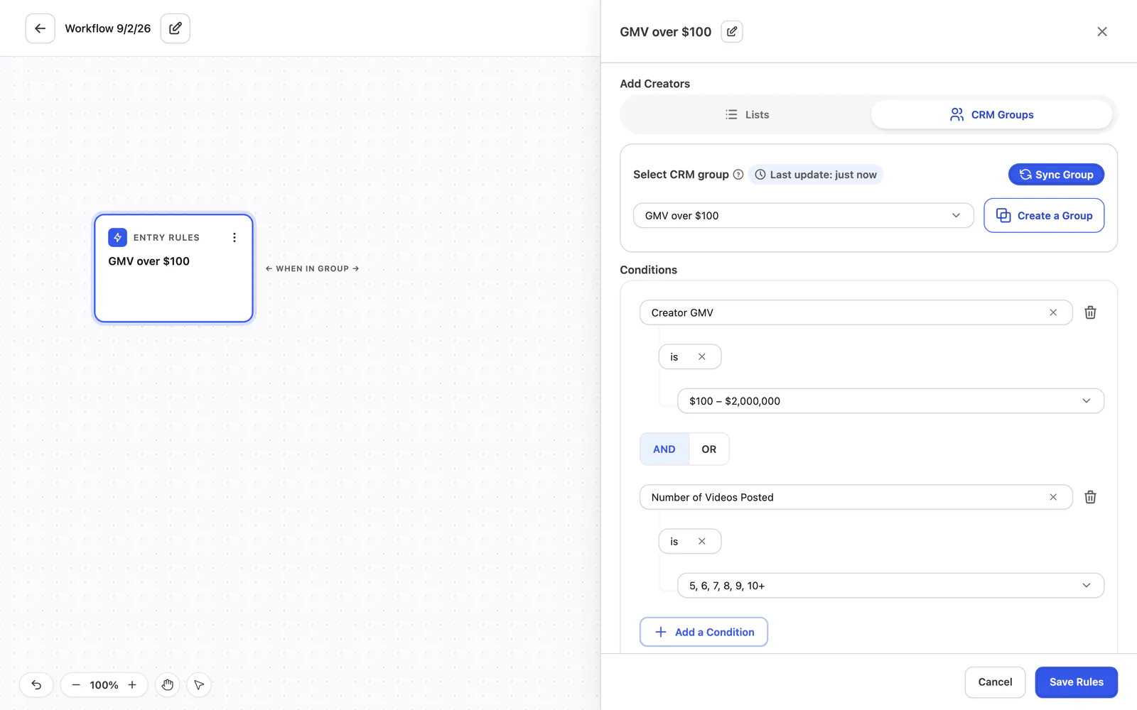 The entry rules panel open on the canvas, choosing a CRM group with conditions on creator GMV and videos posted.