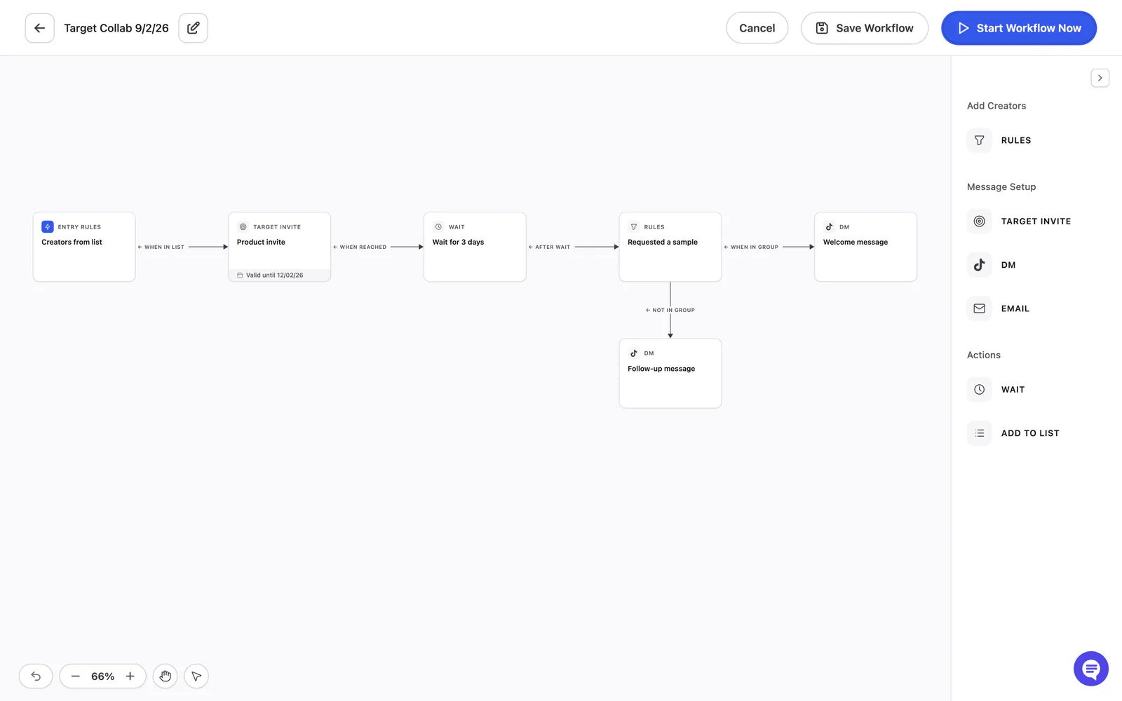 A workflow template loaded on the canvas with a block palette on the right.