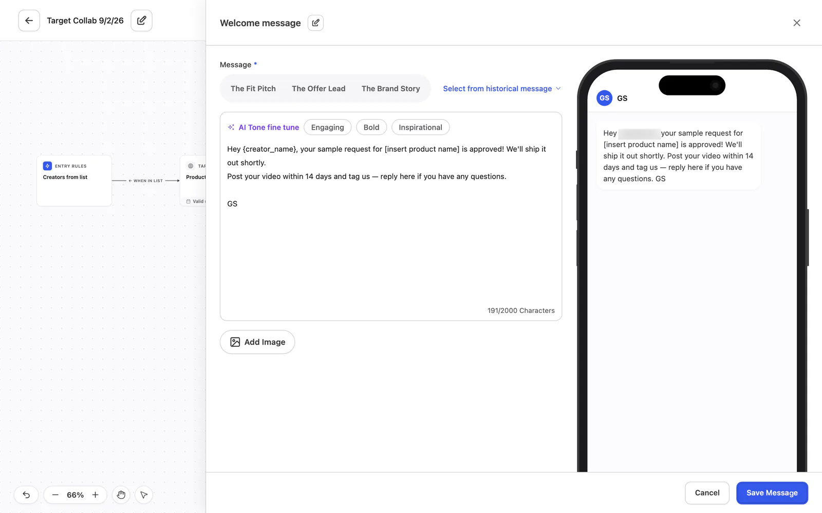 The DM block open beside the canvas: a message editor with tone options and a phone preview of the message.