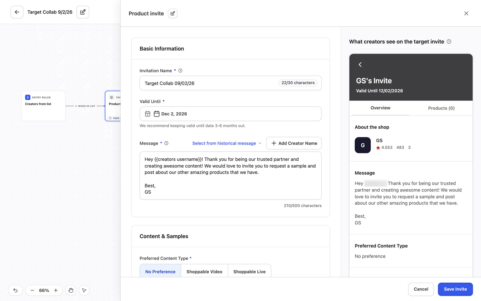 The target invite block open beside the canvas, with the invitation details and a preview of what creators see.
