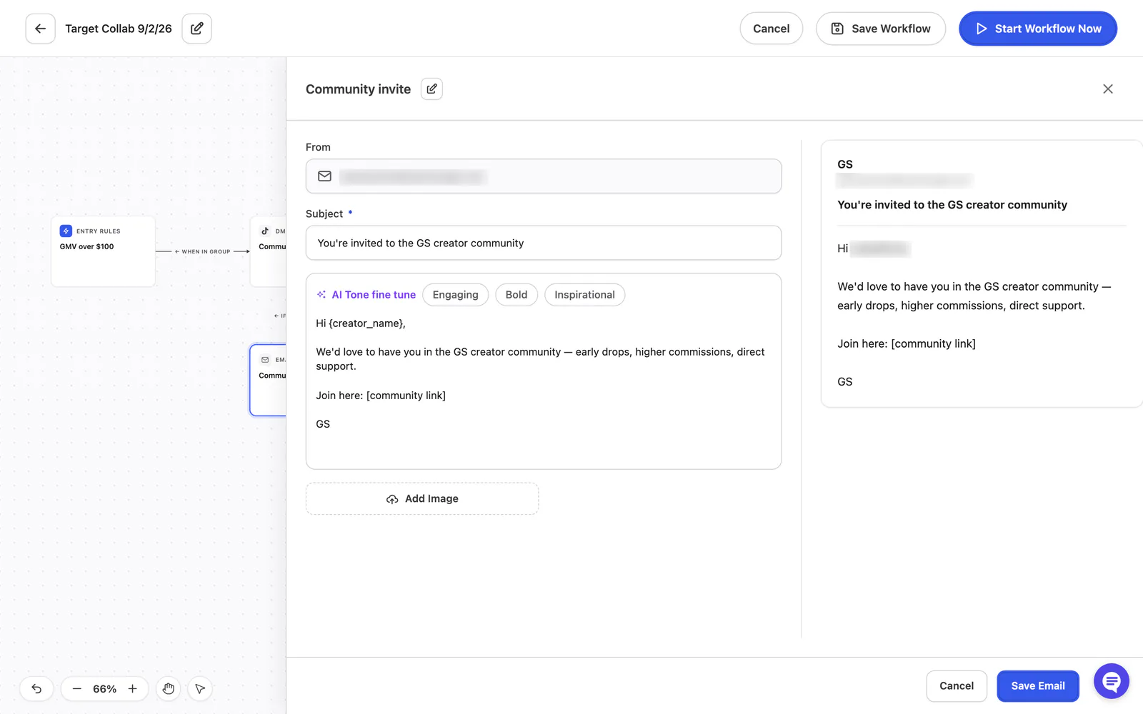 The email block open beside the canvas, with a subject, a message editor and an email preview.