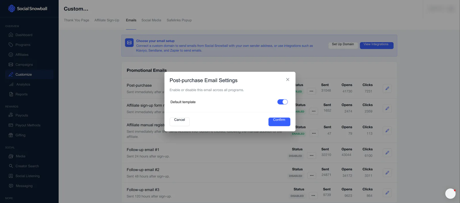 A dialog titled Post-purchase Email Settings over the dimmed emails list, with a Default template switch and Cancel and Confirm buttons.