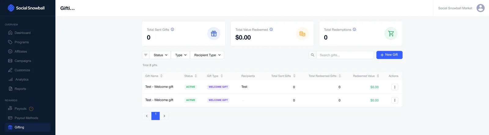 The Gifting page in the Social Snowball dashboard: three summary cards, filters, a New Gift button and a table of two active Welcome Gift entries.