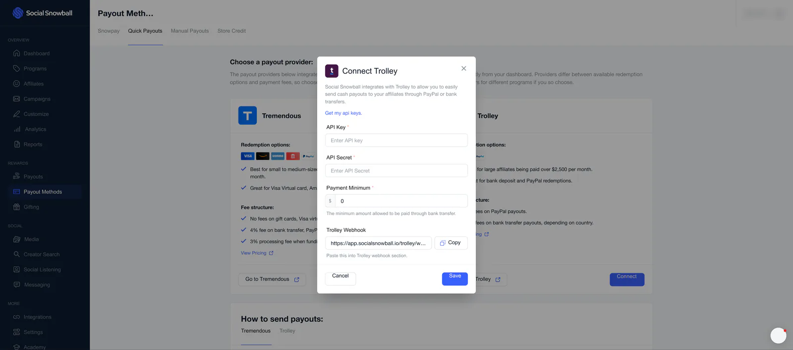 A Connect Trolley dialog over the Quick Payouts tab, with API key and API secret fields, a payment minimum, a Trolley webhook address with a Copy button, and Cancel and Save buttons.