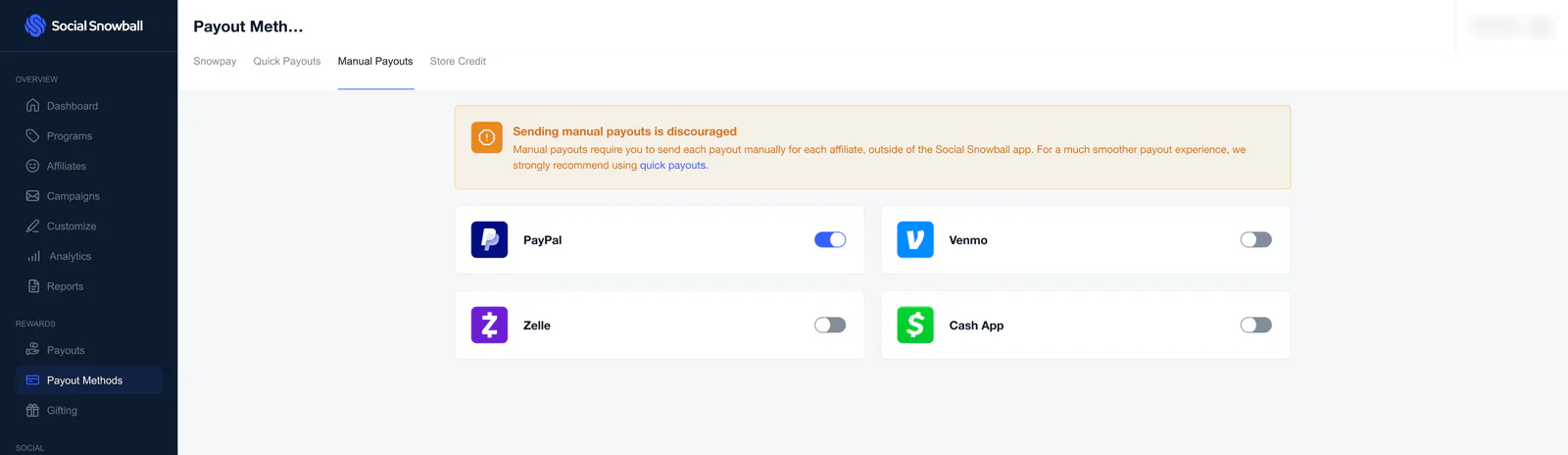 The Manual Payouts tab: a warning that sending manual payouts is discouraged, and a switch for each of PayPal, Venmo, Zelle and Cash App.