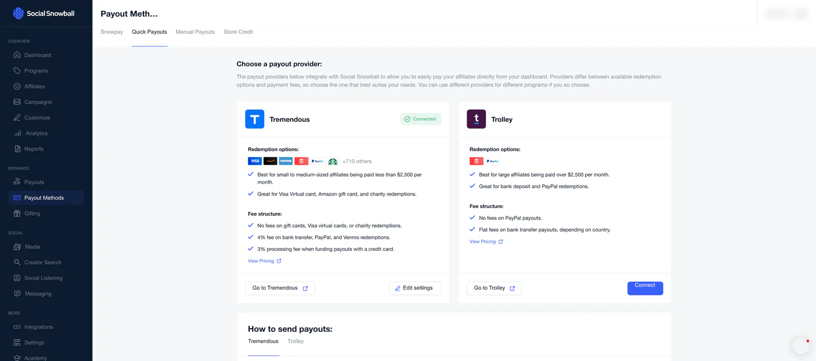 The Quick Payouts tab: two provider cards side by side, Tremendous (connected) and Trolley, above a How to send payouts section with a tab for each provider.
