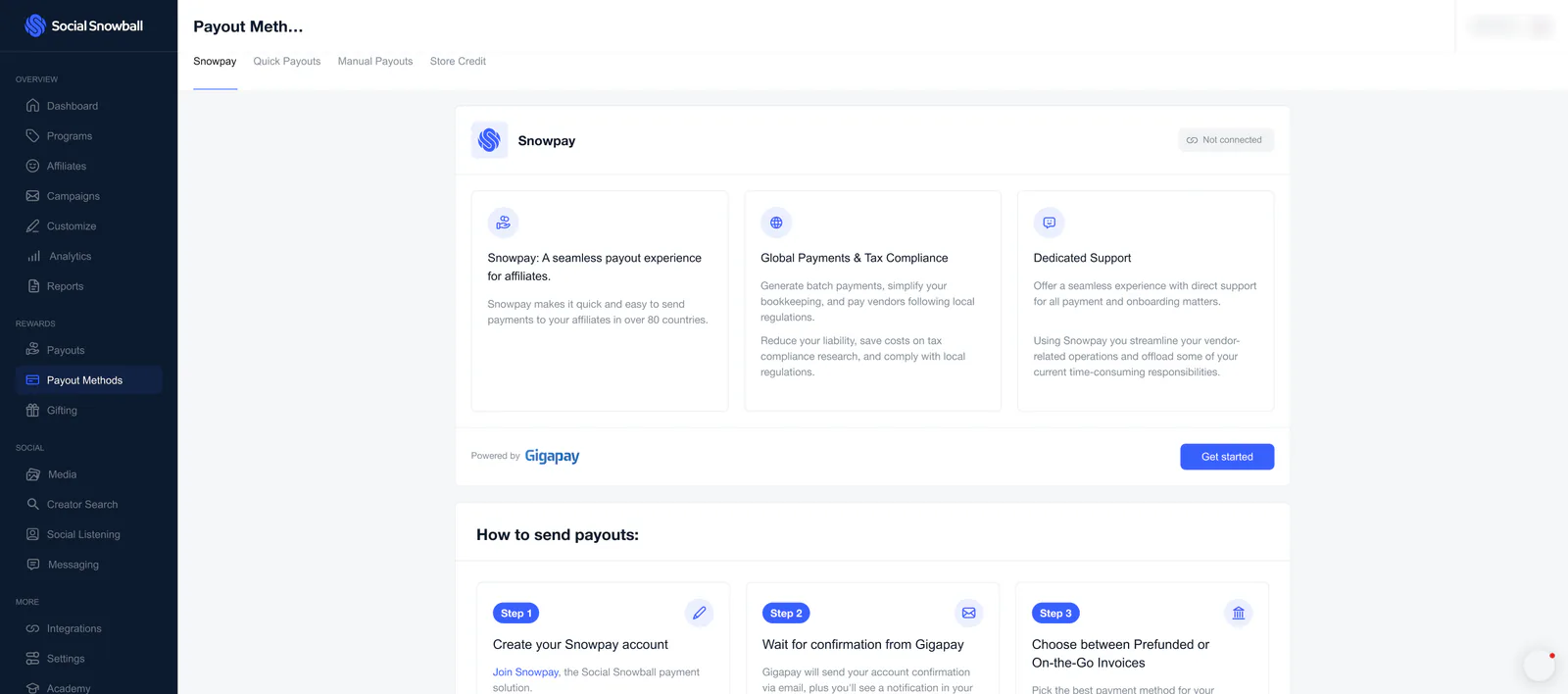 The Payout Methods page on its Snowpay tab: a Not connected Snowpay card with three benefits, a Powered by Gigapay footer with a Get started button, and the start of a How to send payouts list.
