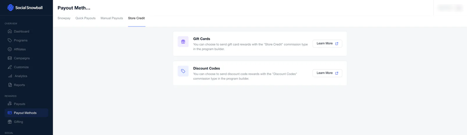 The Store Credit tab: two cards, Gift Cards and Discount Codes, each with a Learn More button.