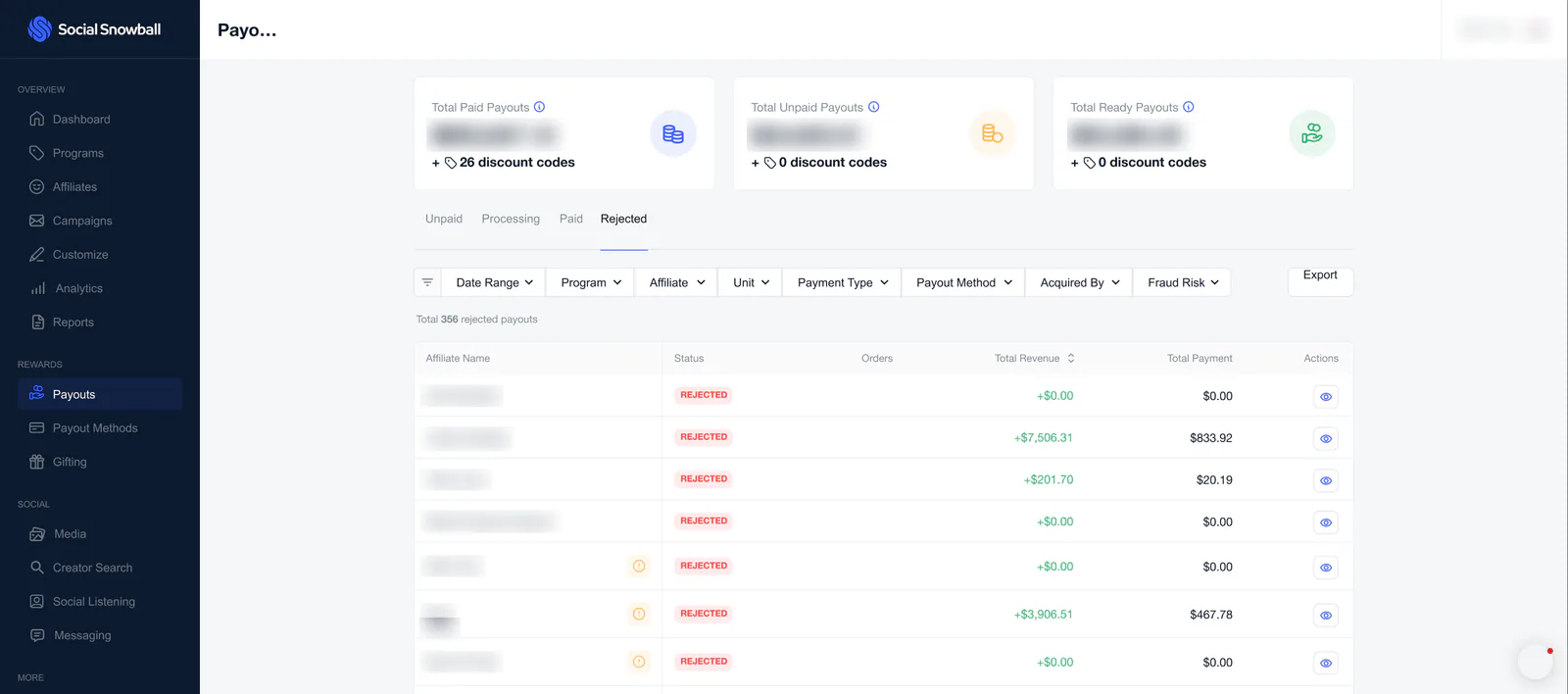 The Payouts page on its Rejected tab: the same total cards and tabs, extra filters for payment type and fraud risk, and a table of rejected payouts with Rejected badges.