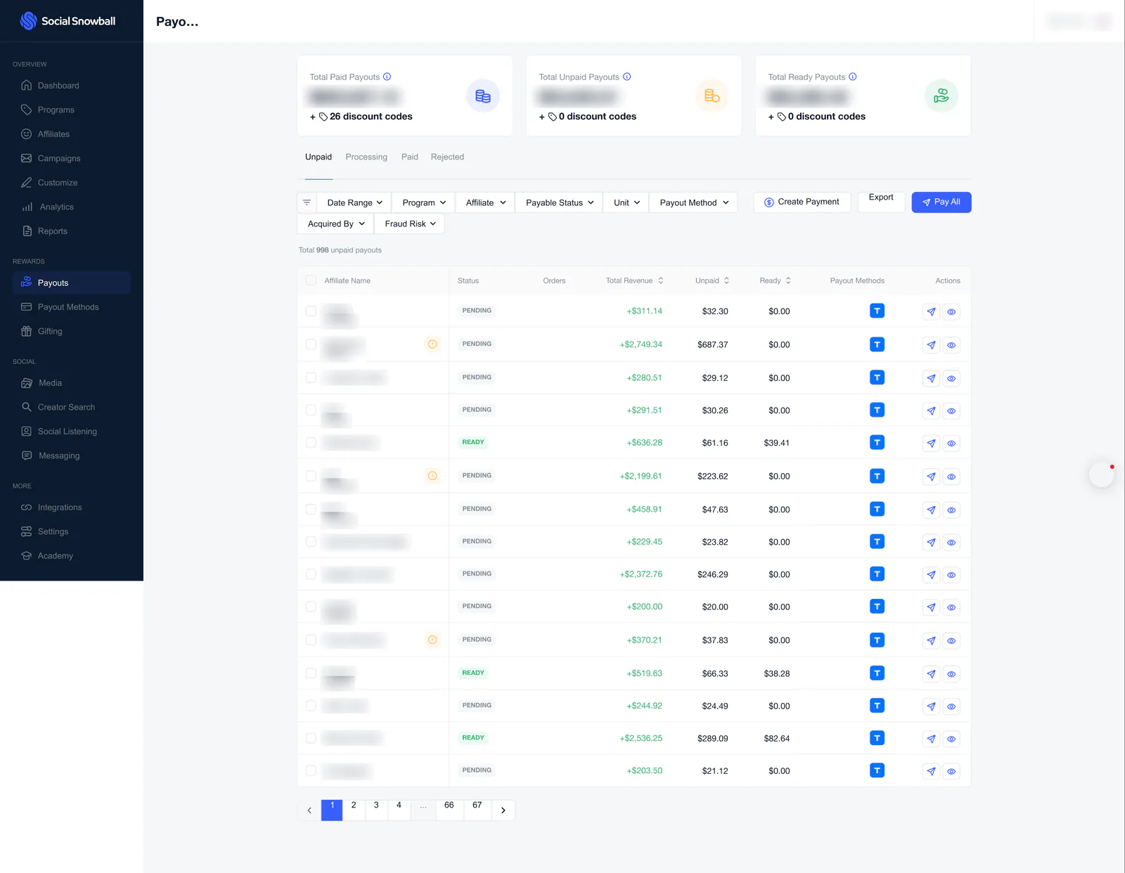 The Payouts page on its Unpaid tab: three total cards, the Unpaid, Processing, Paid and Rejected tabs, a filter bar with Create Payment, Export and Pay All, and a table of payouts with Pending or Ready badges and amounts.