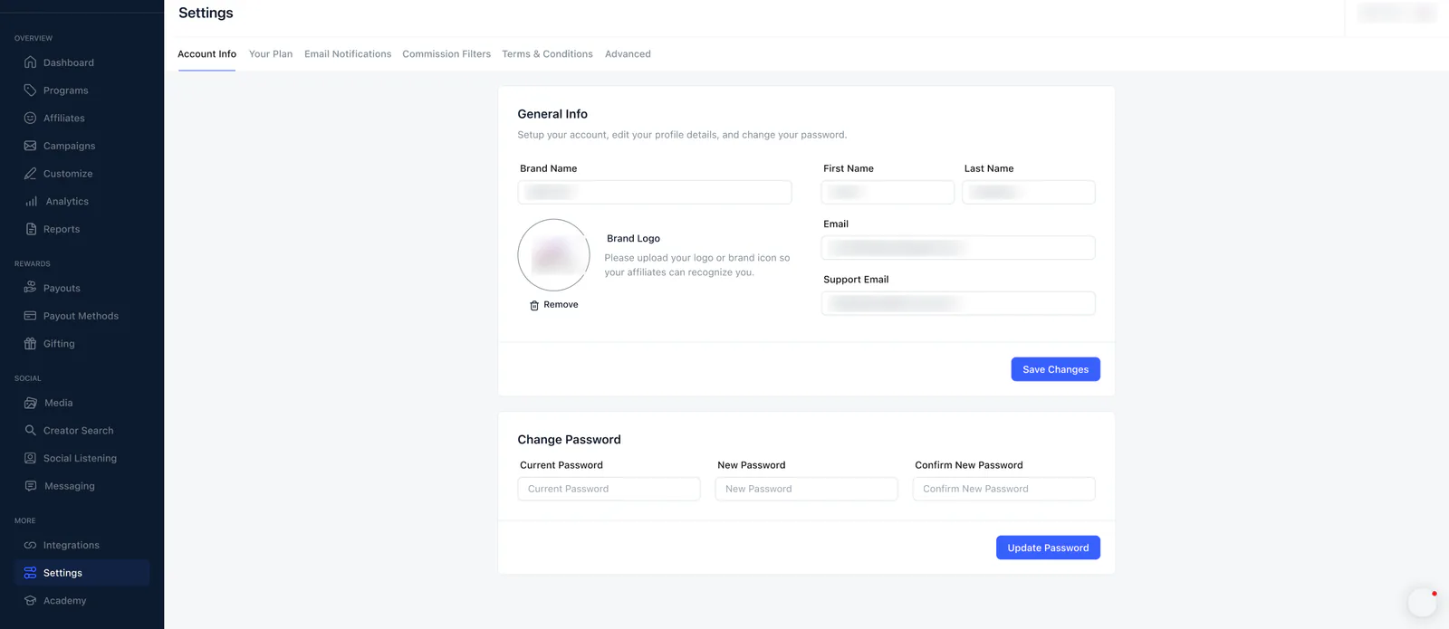 The Account Info tab of Settings: a General Info card with brand name, brand logo, first and last name, email and support email, and a Change Password card.
