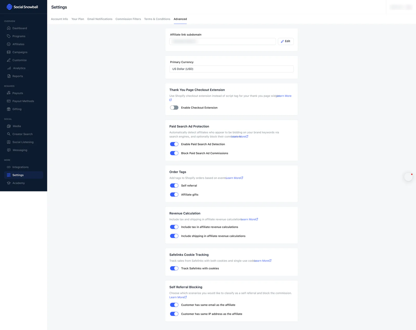 The Advanced tab of Settings: a long page of cards for the affiliate link subdomain, primary currency, checkout extension, paid search ad protection, order tags, revenue calculation, Safelinks cookie tracking and self-referral blocking.